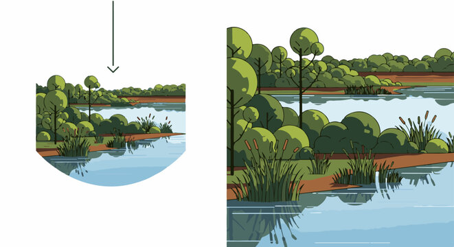 Lush lakeside scene with trees, reeds, and tranquil water reflections