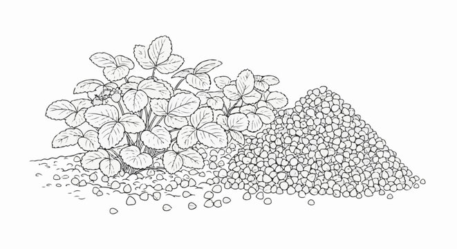 Line drawing of a strawberry plant with a pile of small pebbles or seeds