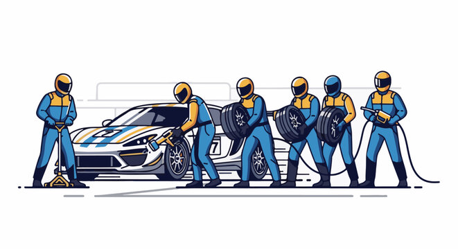 Pit crew rapidly changes tires and refuels a race car