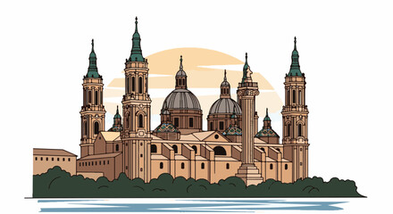 Obraz premium Ornate towers and domes of a grand historical cathedral rise above lush foliage