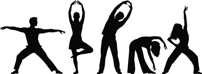 Set of black silhouettes of people practicing yoga ballet and stretching in various expressive poses for fitness wellness and dance