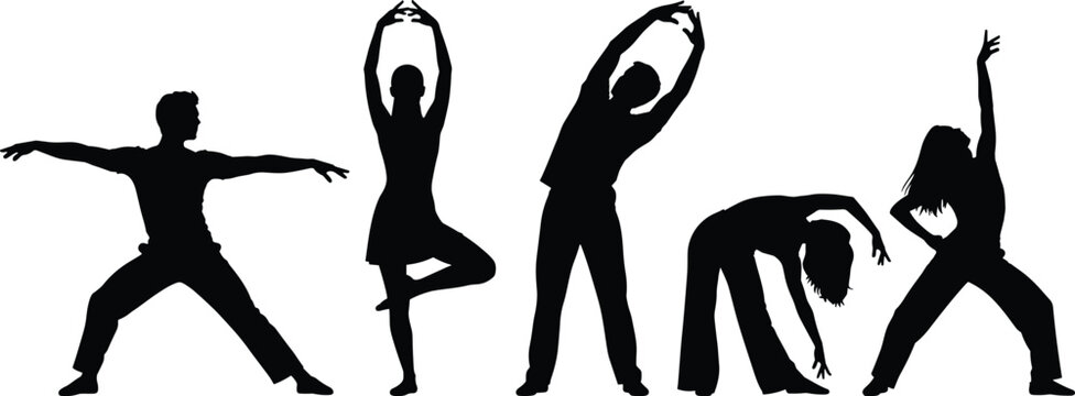 Set of black silhouettes of people practicing yoga ballet and stretching in various expressive poses for fitness wellness and dance