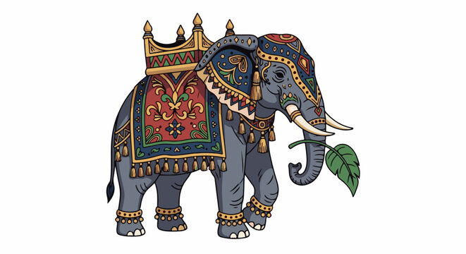 Majestic elephant adorned with vibrant, traditional textiles, holding a green leaf