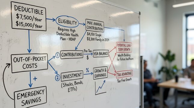 Close medium shot of a whiteboard displaying a flowchart linking deductible amounts to potential health savings account growth the rest softly blurred.