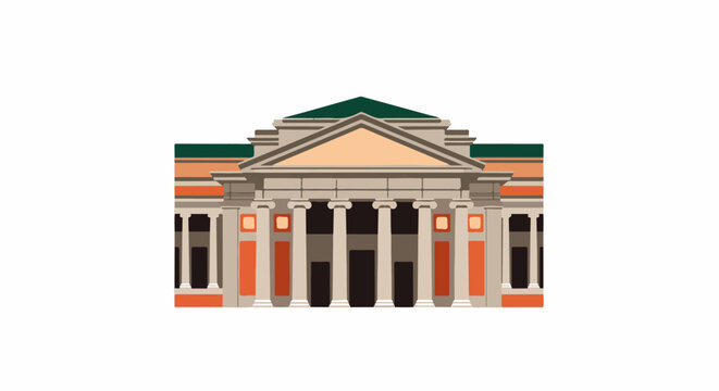 Ornate classical building with columns, pediment and deep orange accents