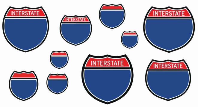 Multiple interstate highway signs of varying sizes, all blank
