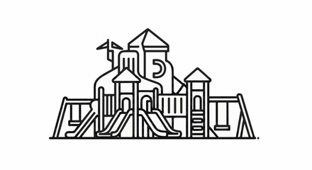 Fototapeta premium Outline drawing of a large, multi-level playground structure with slides and swings