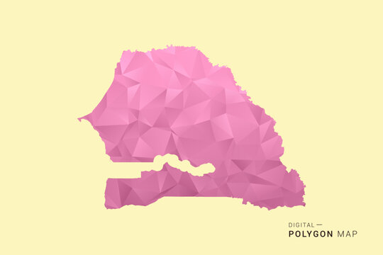 Senegal Map - Low poly polygon map design in soft pink pastel gradient on beige background, modern minimal geometric style, clean digital vector illustration.