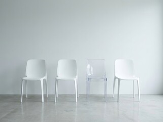 Obraz premium Four simple chairs in a minimalist room illustrate candidate selection or career advancement in HR context.
