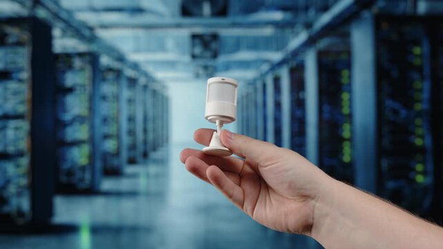 Hand holding USB power adapter in data center server room