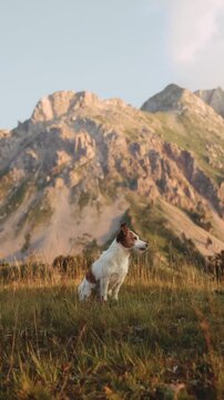A small Jack Russell Terrier stands on alert in a wide open meadow, backed by tall rugged mountain ridges. This 4K video frame emphasizes posture.