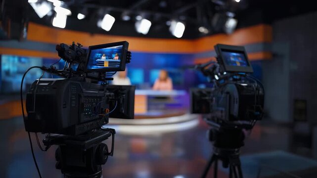 Professional TV camera in broadcast newsroom, live television show, media production, video technology, studio equipment, news coverage, modern journalism