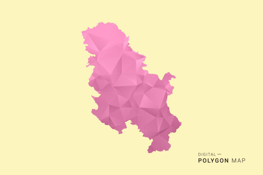 Serbia Map - Low poly polygon map design in soft pink pastel gradient on beige background, modern minimal geometric style, clean digital vector illustration.