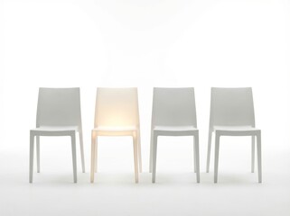 Obraz premium Four white chairs with one illuminated, symbolizing selection or career growth.
