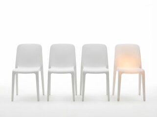 Obraz premium Four white chairs with one illuminated, symbolizing selection for HR use.