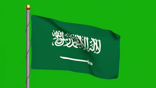 A green flag with white Arabic script and a sword waves on a pole against a green backdrop