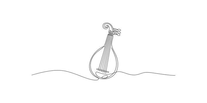 A continuous line drawing depicts a vintage lute instrument with elegant curves high quality professional detailed modern stylish