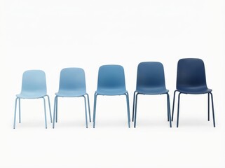 Obraz premium Five blue chairs in a row represent candidate selection or career progression.