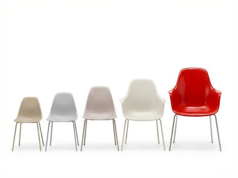 Five chairs in varying sizes and colors represent candidate selection or career growth.