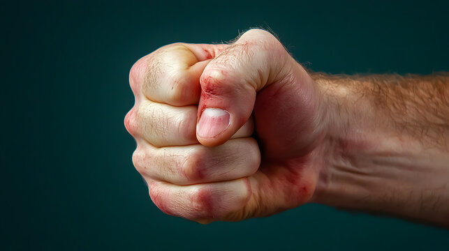 Male adult hand clenches into fist, displaying bruised and swollen knuckle, reflecting deep pain and anger