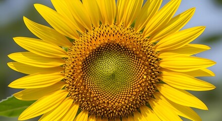 Obraz premium Large bright yellow sunflower with green center petals