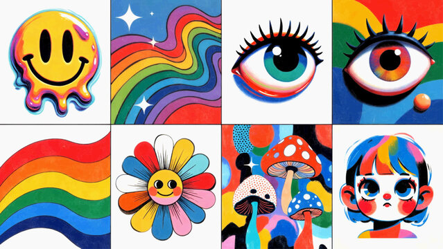 Colorful Retro Cartoon Collage Featuring Smiley Rainbow Eye Flower Mushroom