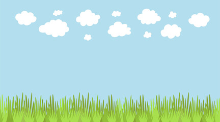 Fototapeta premium Sunny day landscape with green field and white fluffy clouds in blue sky. Clear nature background with copy space for environmental and education projects.
