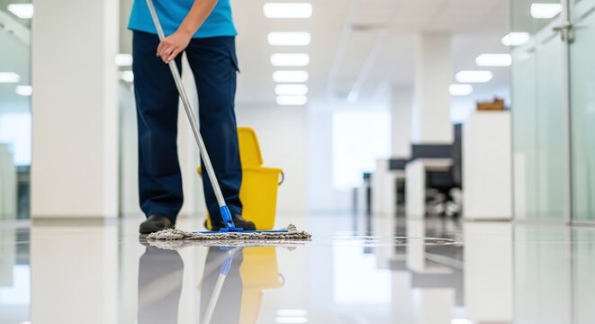 Janitor Mopping Floor in Modern Office Hallway, Hygiene Concept