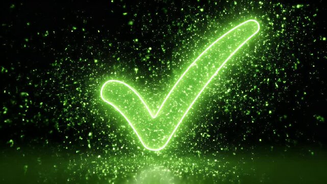 Glowing green checkmark illuminated against a dark, reflective background