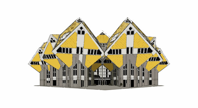 Modern geometric yellow cube-shaped buildings with angled roofs and windows