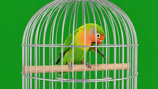 A vibrant green and orange bird sits perched on a wooden dowel inside a silver birdcage