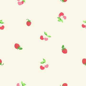 seamless pattern featuring stylized strawberries with vibrant red tones and delicate freen leaves. Fresh, playful and modern design-perfect for textiles, packaging and digital.