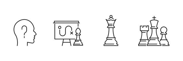 Chess strategic planning icon set featuring human thinking head board game strategy tactics queen king and rook vector illustration icons. © suman