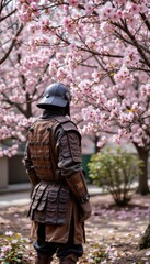 Obraz premium Solitary Samurai Amidst Cherry Blossoms: A Melancholy Reflection in a Japanese Garden