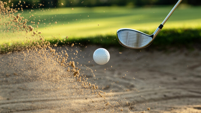 golf ball and sand flying out of bunker with golf club  golf swing in sand trap
