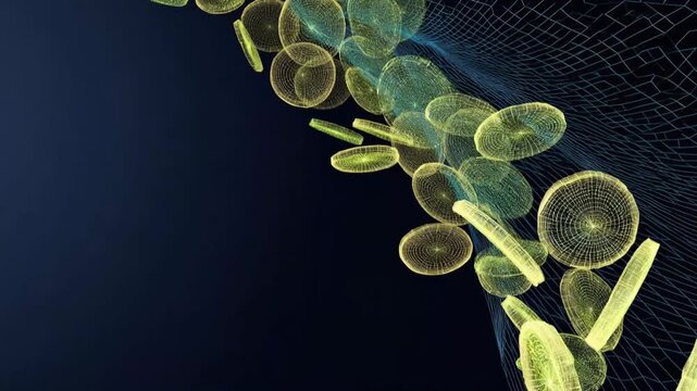 Abstract floating cells against a dark background, the image evokes a sense of depth and scientific wonder. ..Created with Generative AI, not depicting real subjects.