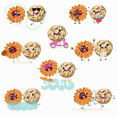 Fototapeta premium Funny Characters Kurabiye, Kurabie, Ghorayeba, Qurabiya, dessert, hand drawn vector illustration.