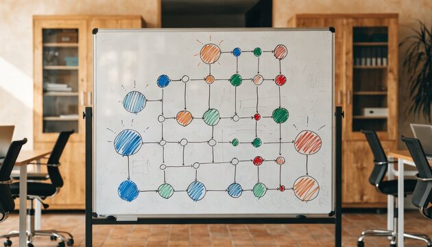 Close medium shot of a whiteboard displaying a flowchart linking deductible amounts to potential health savings account growth the rest softly blurred.