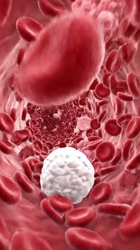 Animation shows movement of red blood cells and white blood cells in human bloodstream and their interaction