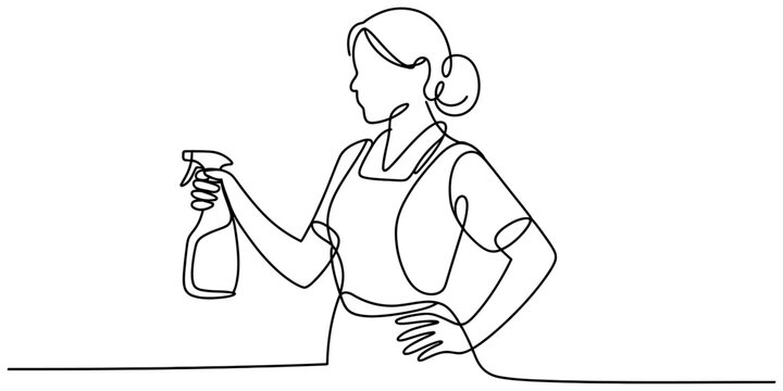 Continuous line drawing of a woman wearing an apron and holding a cleaning spray bottle Vector, illustration