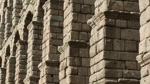 Close view of the ancient Roman aqueduct in Segovia, Spain, showing massive stone blocks and arches, a historic landmark and iconic example of classical engineering.