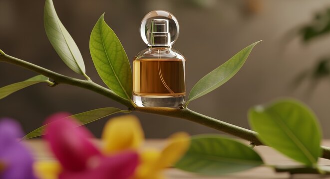Luxury perfume bottle on green leaf branch, elegant glass fragrance spray with floral notes, organic botanical beauty product photography