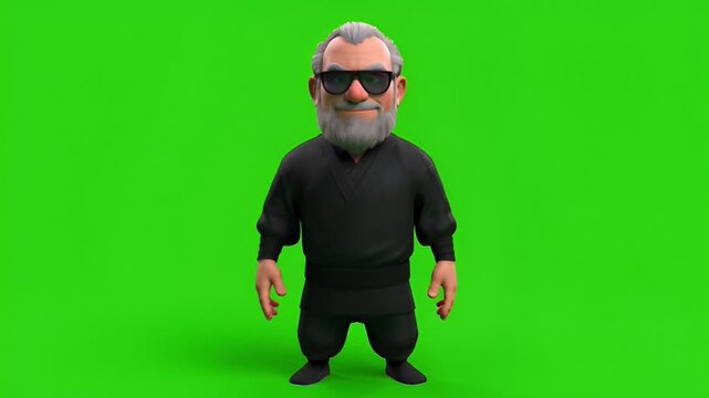Charming 3D rendered senior ninja character with a wise beard and dark attire, holding a samurai sword, poised for a stealthy mission