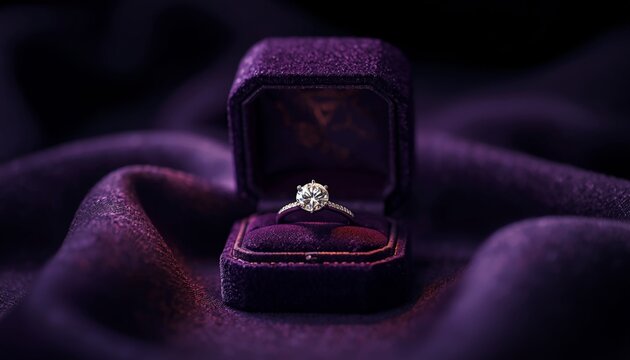A brilliant round-cut diamond solitaire ring is showcased in an open, luxurious dark purple velvet engagement ring box, with rich, velvety folds and subtle sheen, under a focused, dramatic spotlight t
