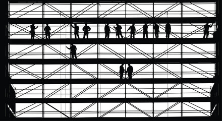 Fototapeta premium Construction workers silhouettes on scaffolding, industrial building structure framework, teamwork engineering concept, urban development scene, labor 
