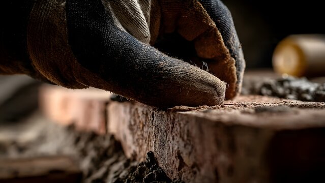 Concept photography of a mason&rsquo;s gloved hand spreading wet cement on aligned terracotta hollow blocks, bright outdoor construction site, yellow string line clearly visible for precise leveling