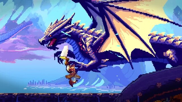 Tracking shot of pixel art knight attacking charging dragon on rocky fantasy plain with distant mountains