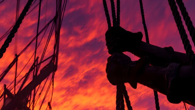 Low‑angle nightfall crane with swinging concrete bucket above workers framed by purple, amber, and smoky yellow cloud layers