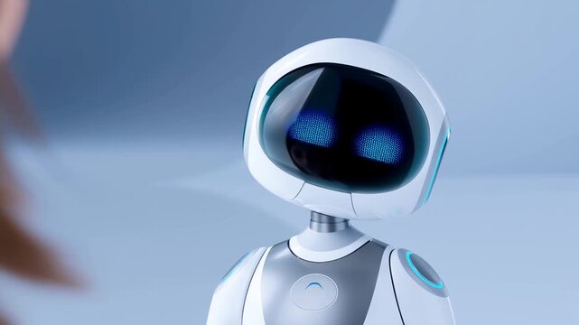 Panning slow tracking shot of humanoid robot turning and tilting head toward blurred human observer on studio set