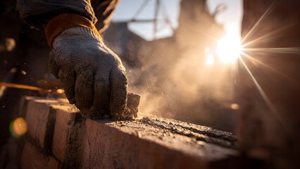 Fototapeta premium Bright concept photography of mason’s glove with cement stains, trowel pressed flat to spread mortar